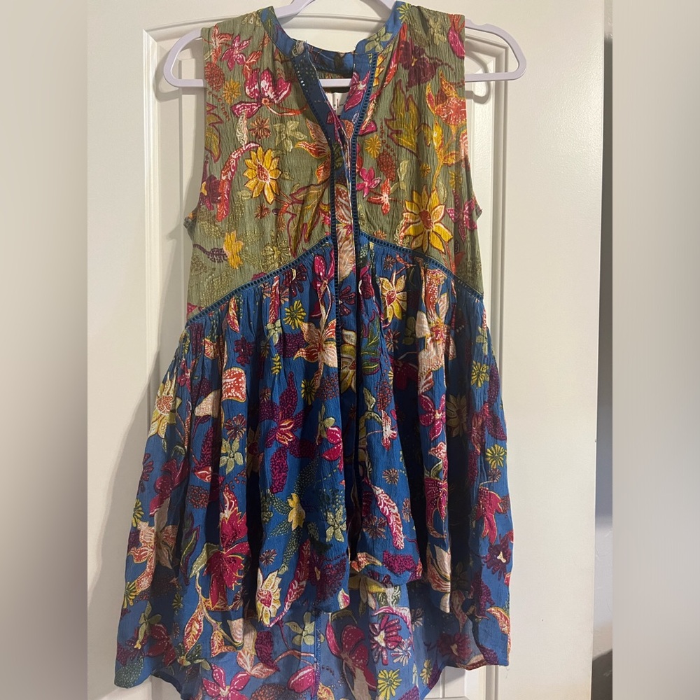 Anthropologie Nia Tunic Blue Green Floral V Neck Sleeveless Women's Size S